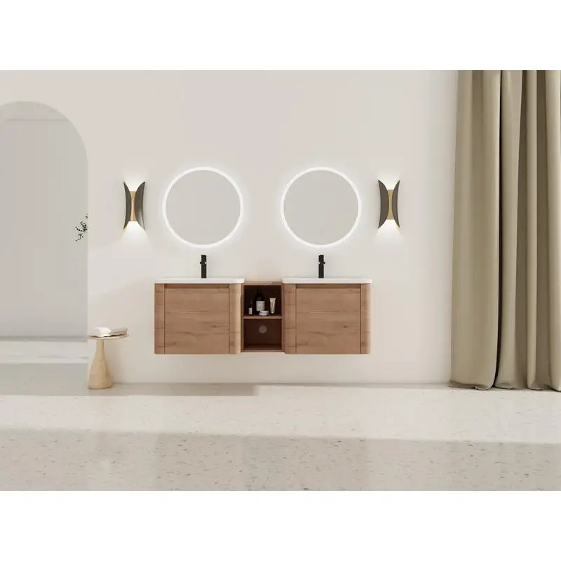 60" Wall-Mounted Bath Vanity with White Sink, Storage Shelves & Soft-Close Door, Plywood, KD Packing