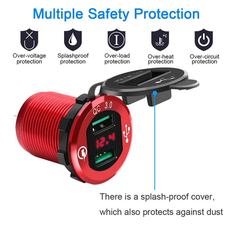 

3X Quick Charge 3.0 USB Charger Socket,12V/24V Dual USB Car Power Outlet Waterproof Cigarette Lighter With LED Voltmeter