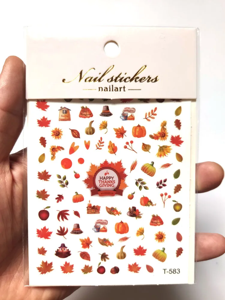 Pegatina 3D para decoración de uñas, calcomanías adhesivas con 5 diseños de hoja de arce, calabaza, pavo, Día de Acción de Gracias, otoño
