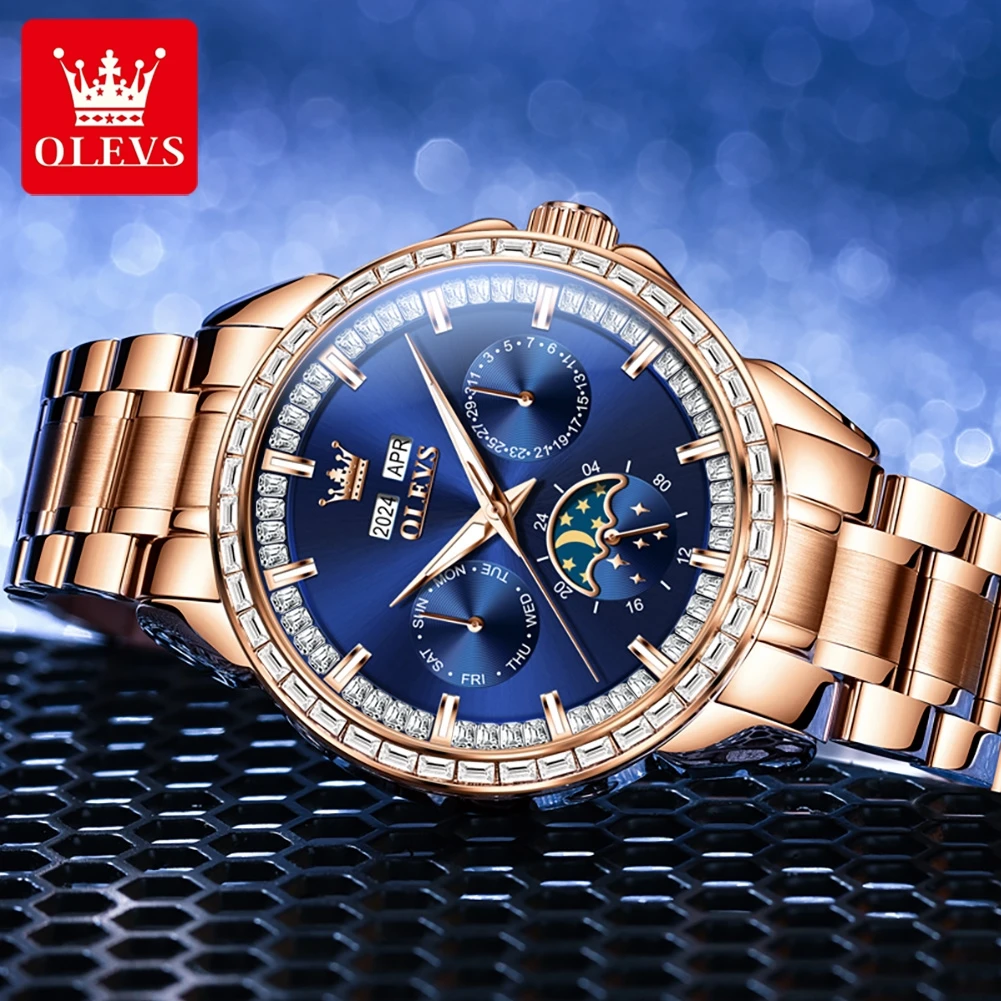 OLEVS 6695 Men\'s Watch Waterproof Calendar Moon Phase Diamond Stainless steel Multifunctional Automatic Mechanical Male Watch