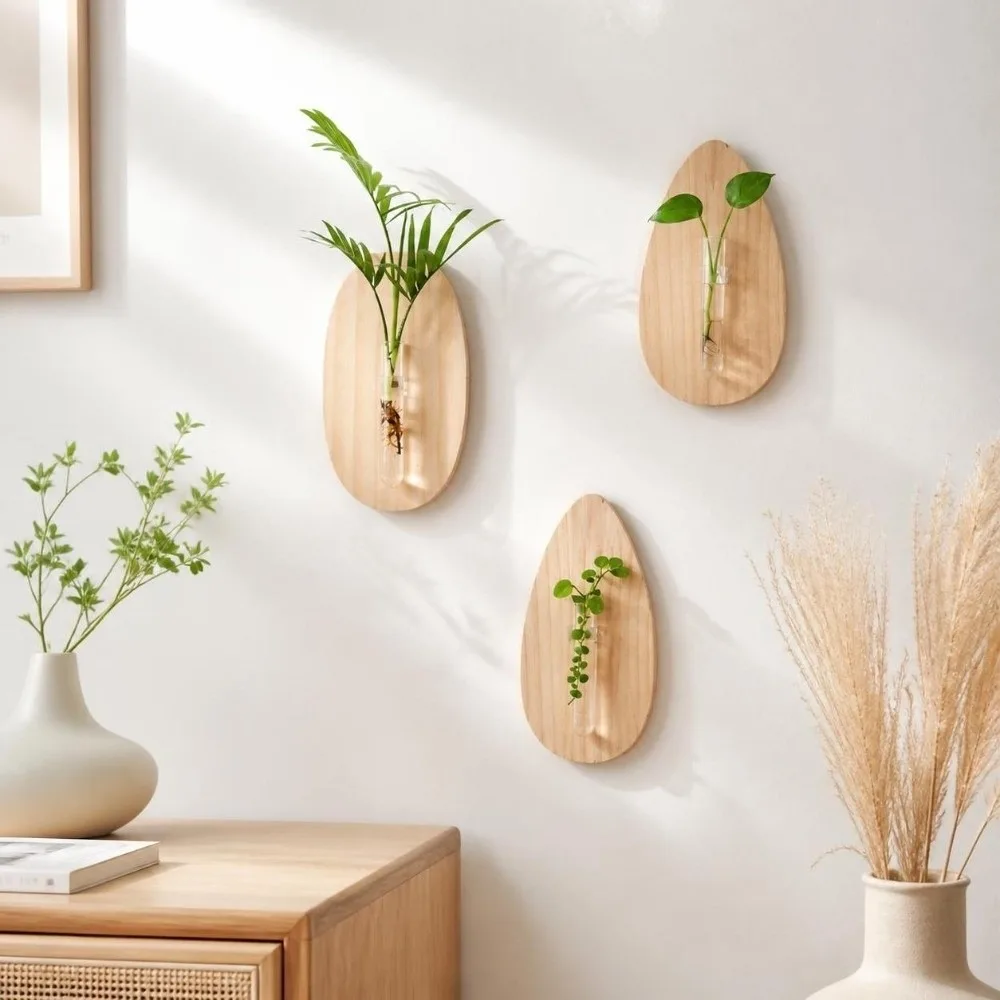 Wooden Wall Mounted Planter Vase Retro Wall Decoration Home Ornaments Geometric Hydroponic Planter Shelf Indoor Garden