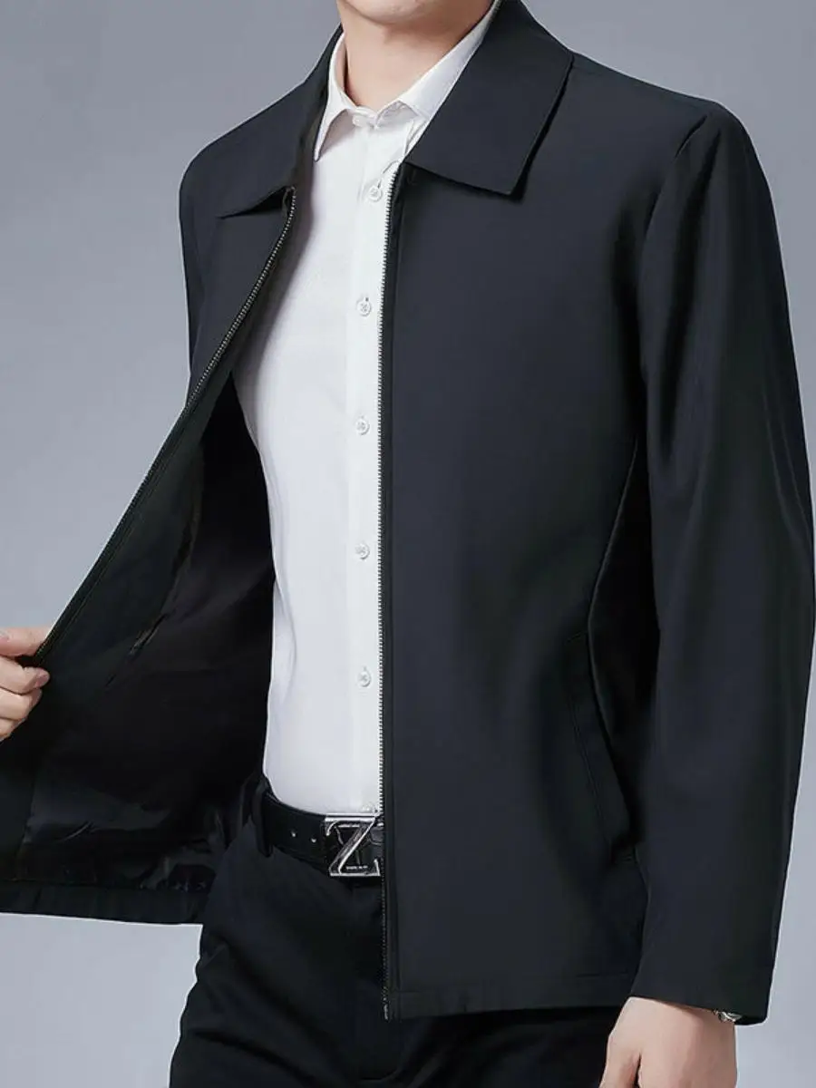 

Busin Casual Loose Fit Men's Jaet Spring Autumn Flip Collar Outerwear for Middle Aged And ly Color Long Sve