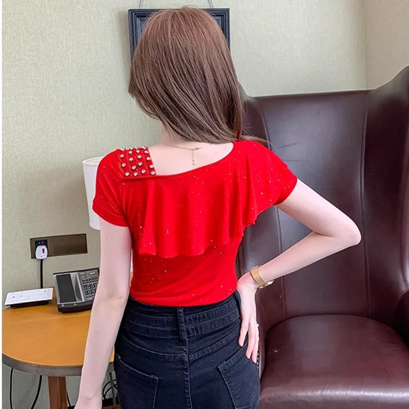 New Summer Femme Clothes Mesh T-Shirt Women Chic Sexy Off Shoulder TShirt Shiny Diamonds Tees Ruffles Patchwork Short Sleeve Top