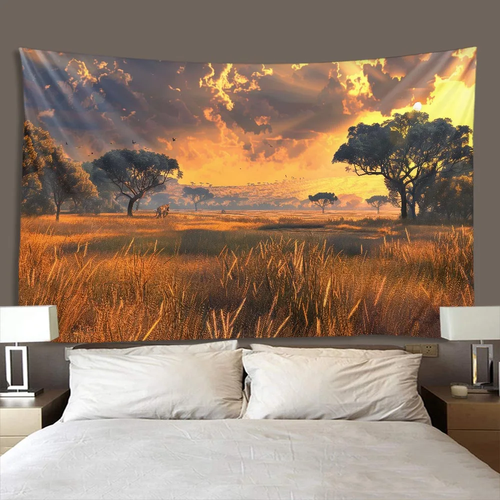 Vintage primitive forest tapestry animal elephant wall hanging cloth exotic landscape wall art decoration in family dormitories