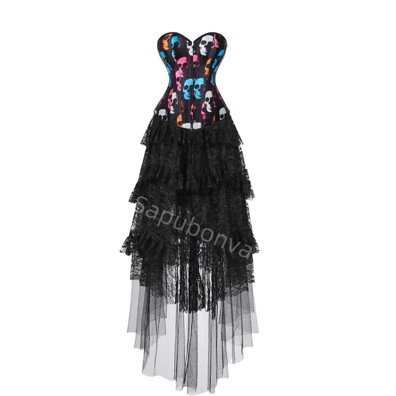 

Corset Dress Costume long skirt Set With skull Bustier Costume Party Sexy Burlesque Ladies Outfit Plus Size Gothic Halloween