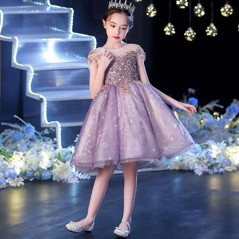 2024 Christmas Luxury Purple Long Dresses for Girls Kids Princess Birthday Party Gala Gowns Children Pageant Evening Short Dress