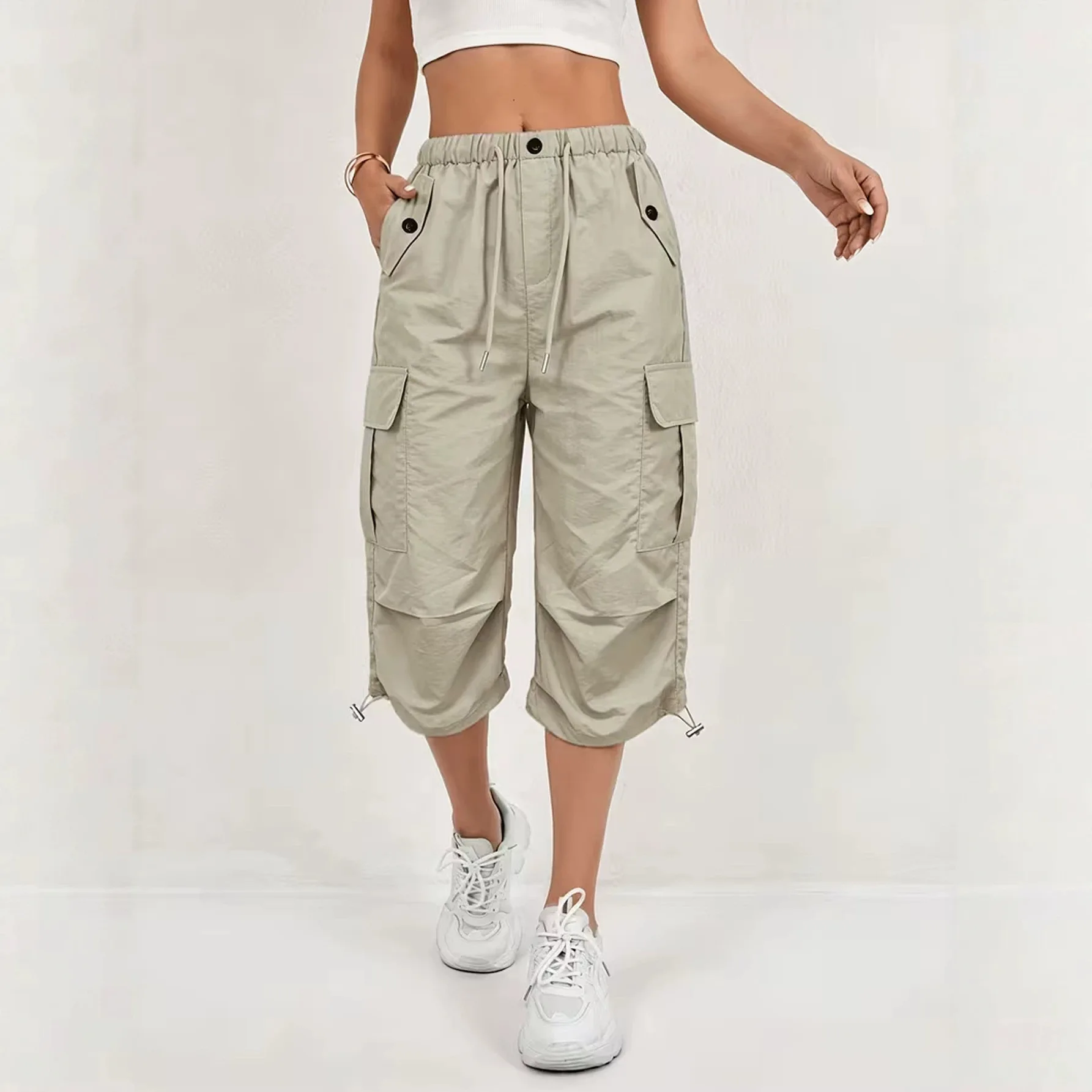 Women's Cargo Capri Pants Lightweight Quick Dry Outdoor Running Sports Capris Multi-Pocket