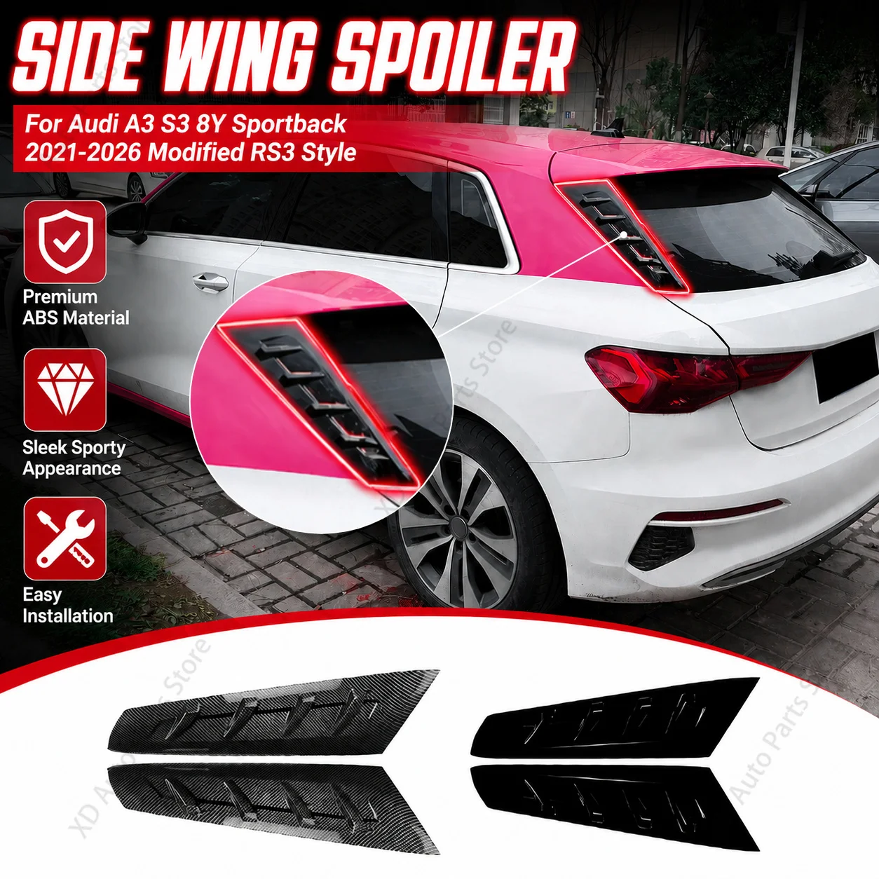 Divisor Lateral da Janela Traseira do Carro para Audi A3 S3 8Y 2021-2026 Estilo RS3 Modificado Difusor de Porta-Malas Canards Spoiler Peças Exteriores Automotivas