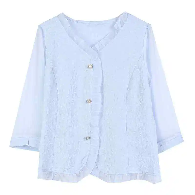 High-End V-Ne Beautiful ort-Sved Chiffon irt Women's Korean Sle Straight Cut  Knot Cold-Resistant Thin Co...