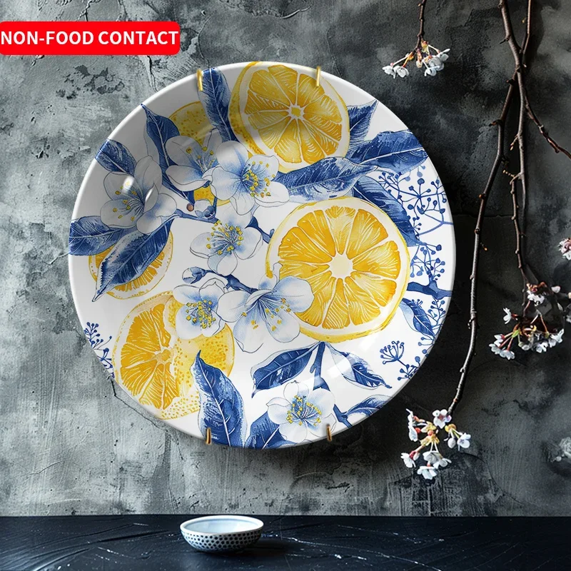 1pc Hand-Painted Ceramic Decorative Plate with Vibrant Orange & Blue Floral Design - Artistic Round Tableware for Dining Room,