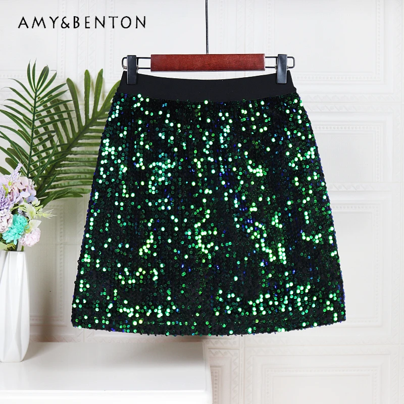 

Glitter Velvet Skirt High Waist Slimming Sheath Beautiful Skirt Women's Autumn Winter New Heavy Industry A-line Kawaii Skirts