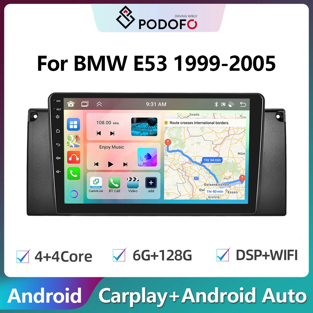 Podofo CarPlay Android Radio For BMW E53 1999-2005 Car Multimedia Player GPS Stereo 2din Head Unit GPS Stereo