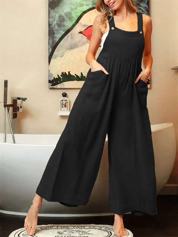 Women Wide Leg Jumpsuit Summer Sleeveless Baggy Overalls Side Pockets Puffy Romper