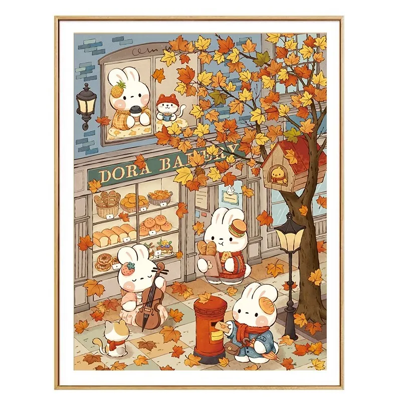 Maple Leaves Autumn Street Rabbits Needlework,DIY 11CT 9CT Cross Stitch Full Embroidery Kit, Printed Cross-stitch,New 37 Colors