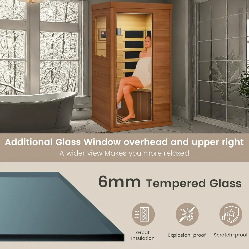 Sauna infrarroja para 1 persona, Sauna infrarroja de espectro completo, Sauna seca interior con 4 paneles calefactores, Bluetooth y vidrio templado, 110V