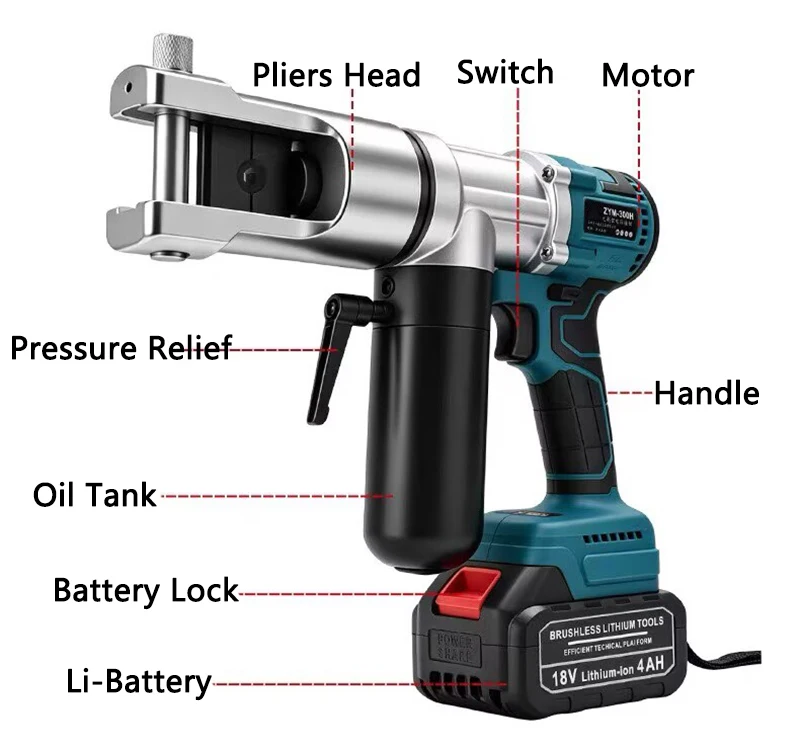 Small Light Weight Electric Brushless Hydraulic Pliers Copper Aluminum Terminal Crimping Pliers ZYM-300H High Efficiency Work