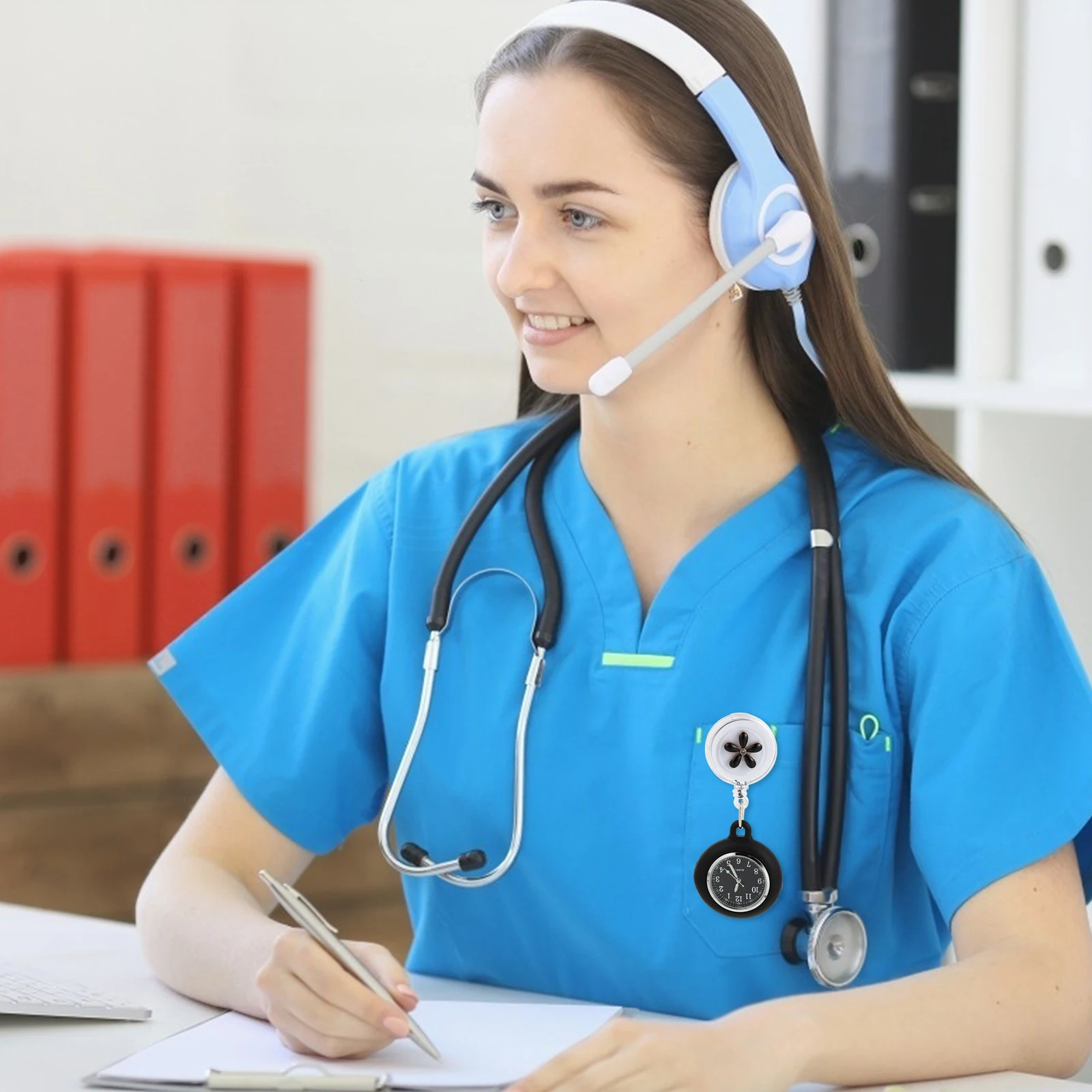 Orologio da tasca sul petto retrattile, specchio in vetro, materiale in lega di quarzo, orologio con motivo floreale sospeso