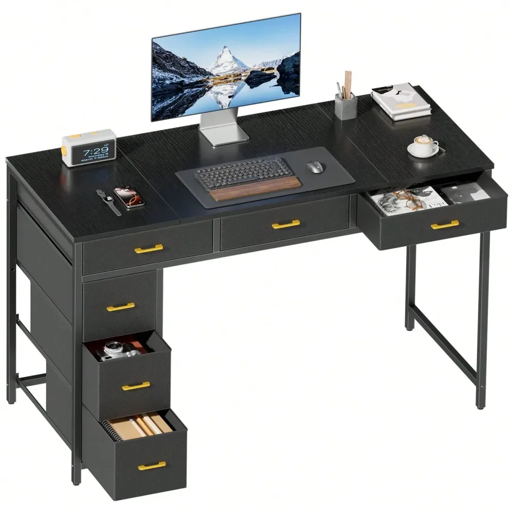 

standing desk l shaped desk tableComputer Desk With 6 Drawers, 47 Home Office Desk With Fabric Storage, Sturdy Steel Frame, Vint
