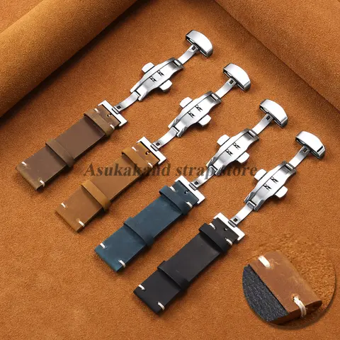 18mm 20mm 21mm 22mm 24mm Calfskin Genuine Leather Watch Band for Seiko Vintage Bracelet Men Women Retro Butterfly Buckle Strap