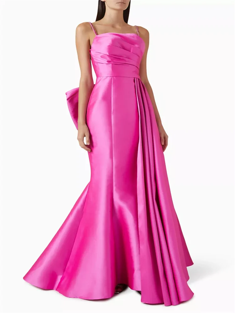 

Hot Selling Square Neckline Thin Straps Taffeta Mermaid Evening Dress Open Back With Bow Floor Length Sweep Train Gown For Women
