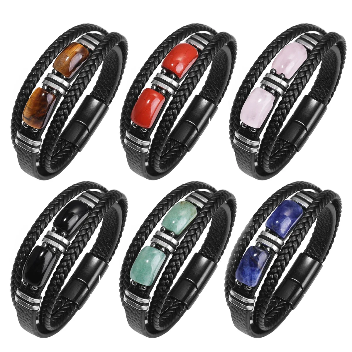 Fashion Charm Men's Bracelet Magnet Buckle Leather Bracelet Natural Stone Tiger's Eye Obsidian Bracelet Men's Jewelry Gifts view 6