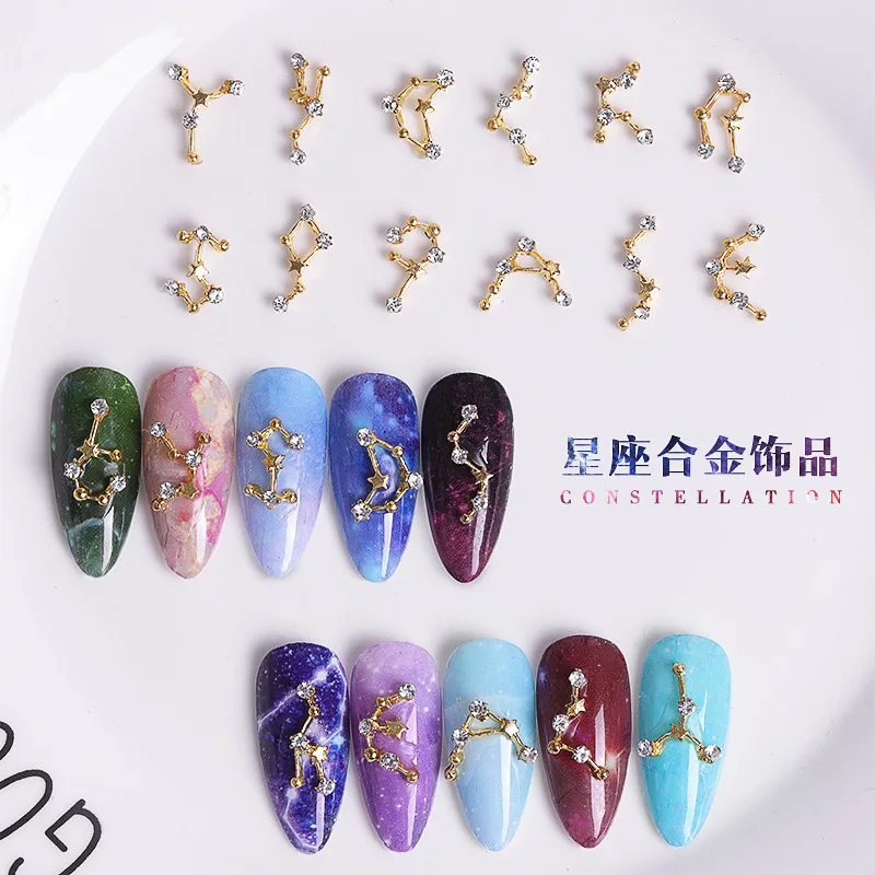 

12 Zodiac Constellation Diamonds Inlaid Gold Alloy Nail Art Rhinestones Jewelry Decoration Manicure Charms Accessories