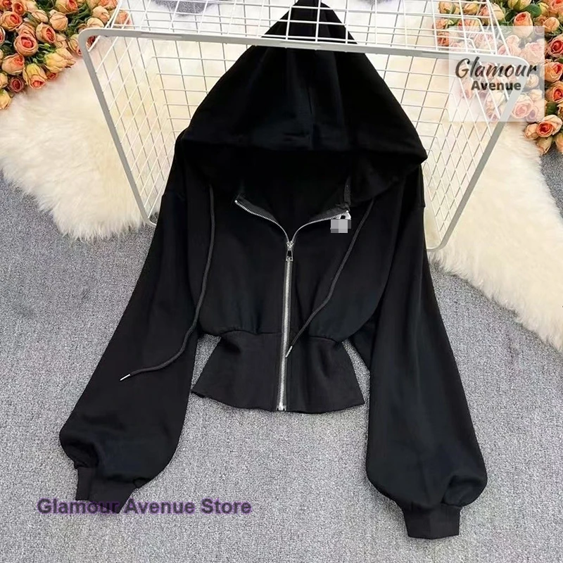 

Korean style slim zipper hooded waist loose leisure sweater women's spring and autumn new sports waist jacket cardigan top