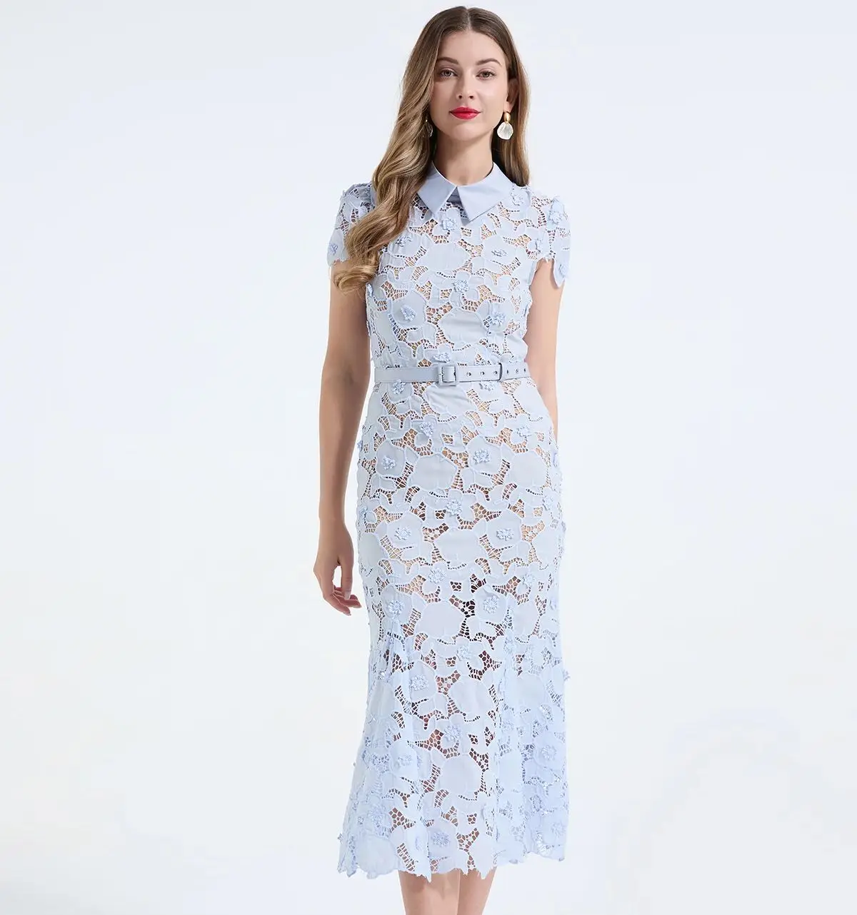 

Luxury Lace Evening Formal Bodycon Dress Women Summer Elegant Short Sleeve Hollow Out Belt Embroidery Midi Long Lace Dresses