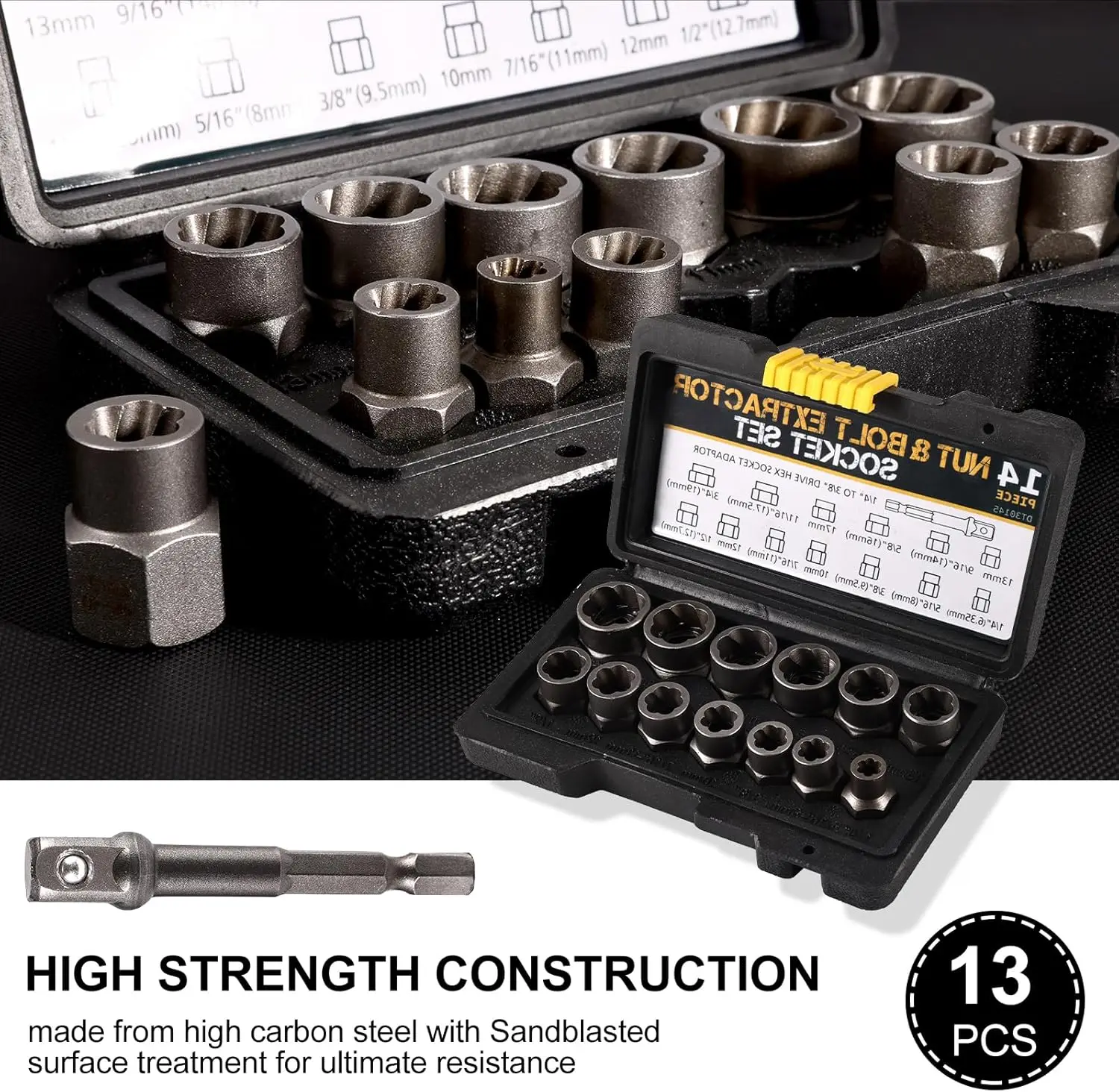 Screw Bolt Nuts Extractor Socket Set 13Pcs Bolt Extractor Kit with 3/8Inch Adapter Stripped Lug Nut Remover Easy Out BoltRemover