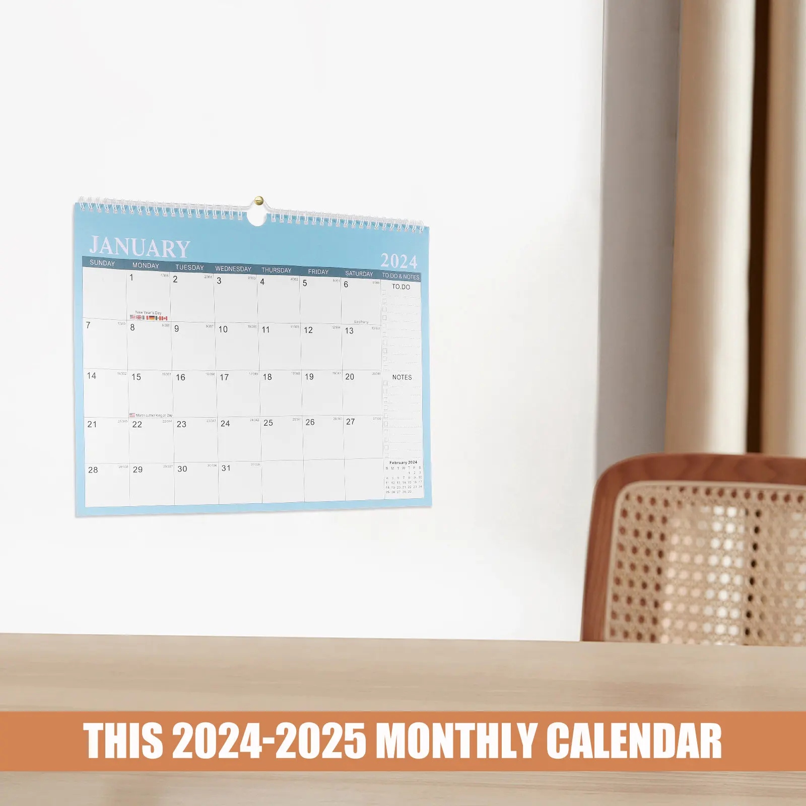 

2024-2025 Wall Calendar English Monthly Planner for Home Office Decorative Countdown Notepad Design Exquisite