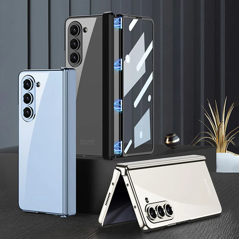 Magnetic Hinge Plating Transparent Case For Samsung Galaxy Z Fold 5 Fold5 Case Slim Shockproof Protective Cover with Glass Film