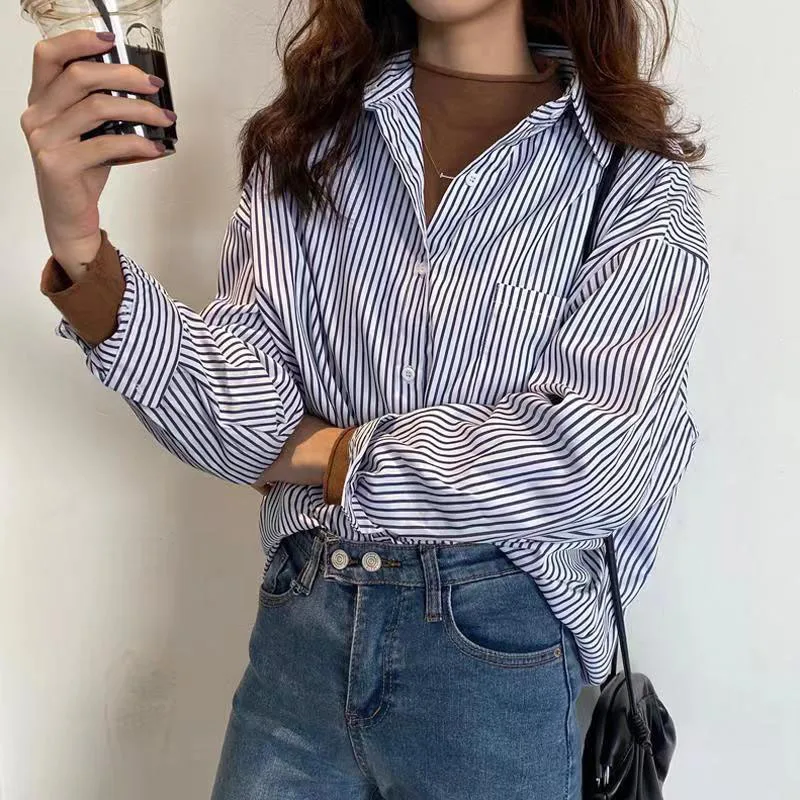 Lucyever Vintage Classic Striped Shirt Women Korean Loose Long Sleeve Office Ladies Shirts Autumn New Button Up Students Blusas