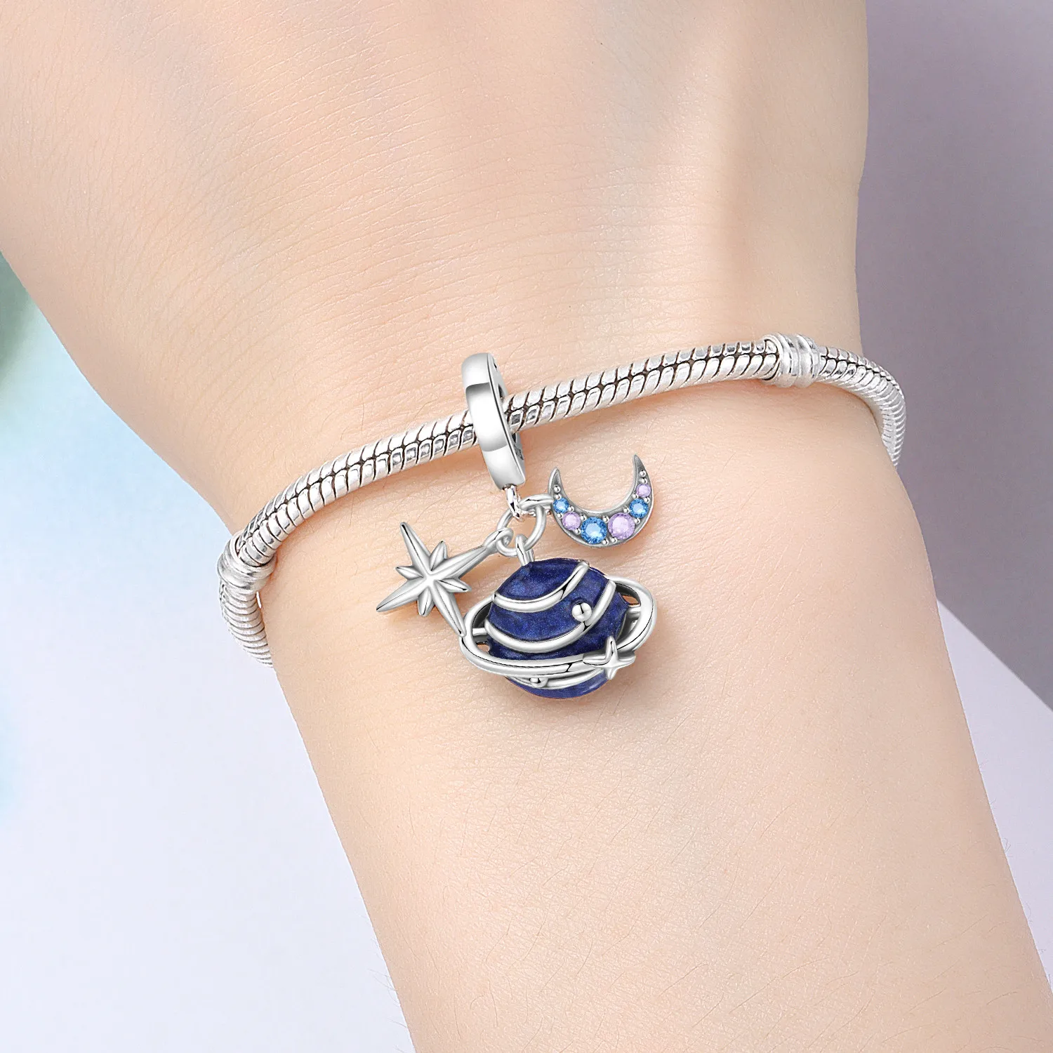PANPOKI 925 Sterling Silver Stars Moons Planet Bead Original Pendants Bracelet Necklace Charm Party Birthday DIY Gifts