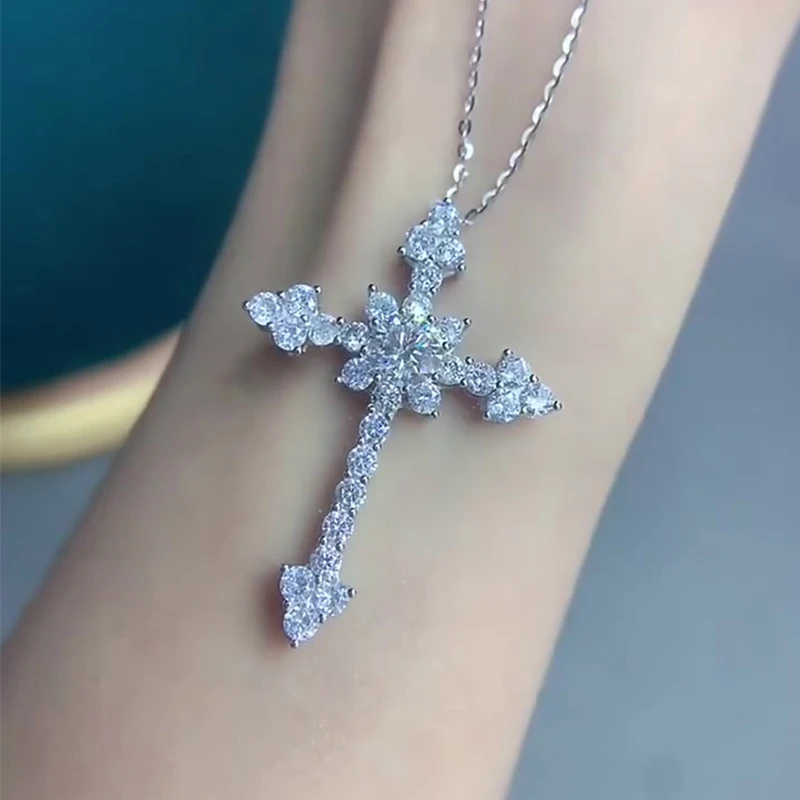 PureMax 100% 925 Silver Cross Necklace for Women 1CT VVS Lab Moissanite Diamond Cross Pendant Necklace Birthday Gift Jewelry