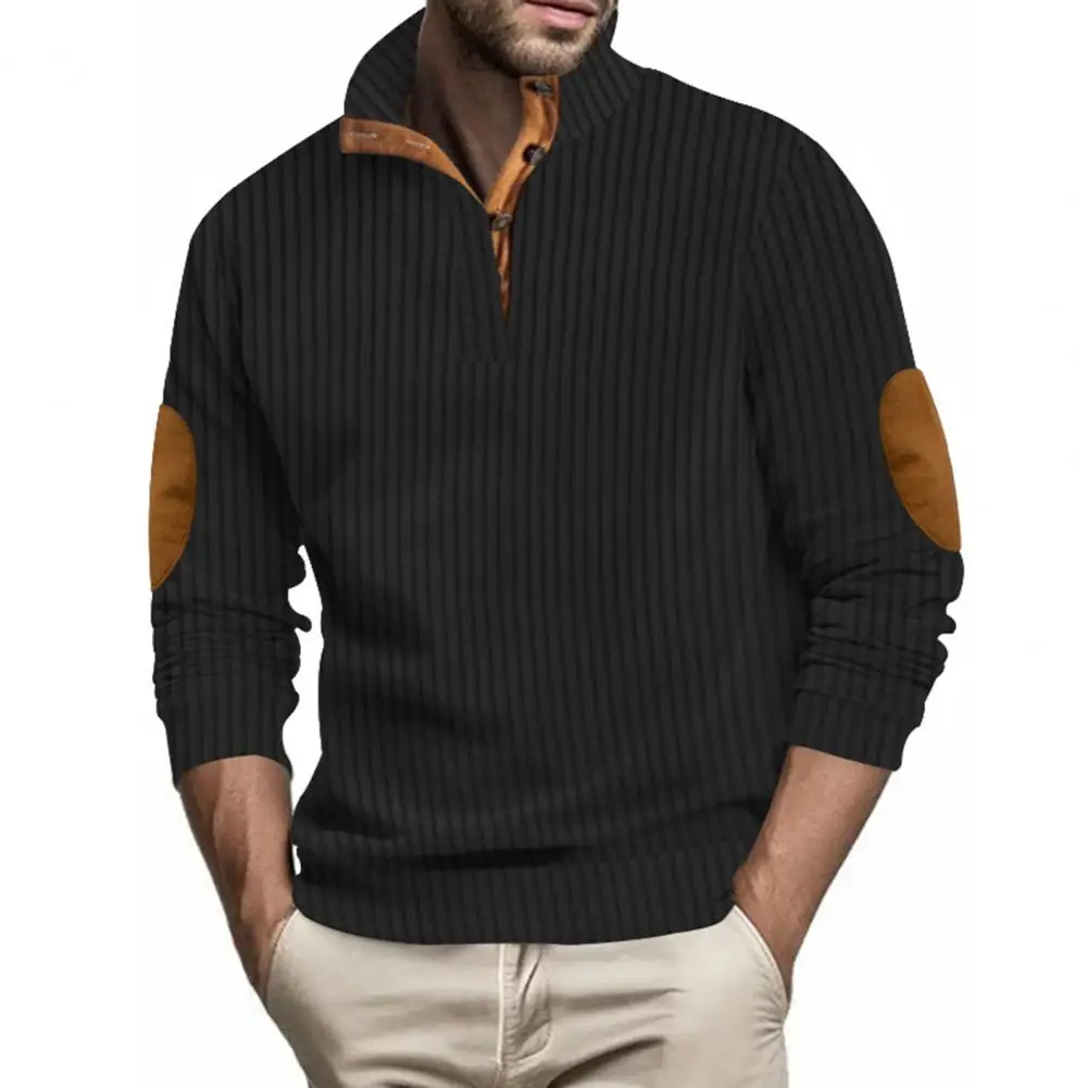 Solid Color Sweatshirt Men's Retro Stand Collar Sweatshirt with Stripe Patchwork Button Detail Soft Breathable Pullover for Fall