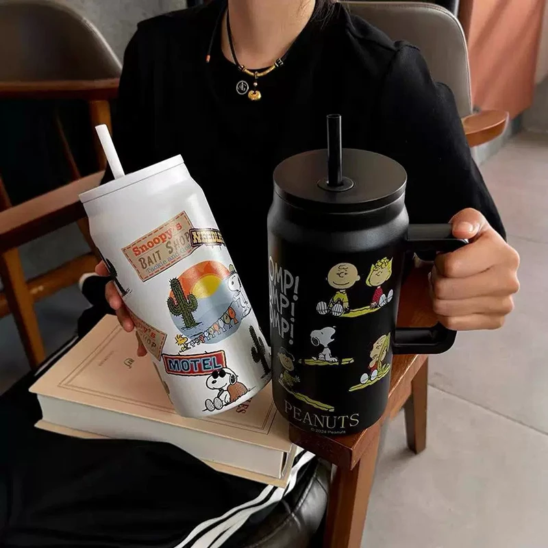 1500Ml Snoopy Insulated Cup 304 Stainless Steel Inner Tank Large Capacity Straw Water Cup Anime Portable Children'S Travel Cup