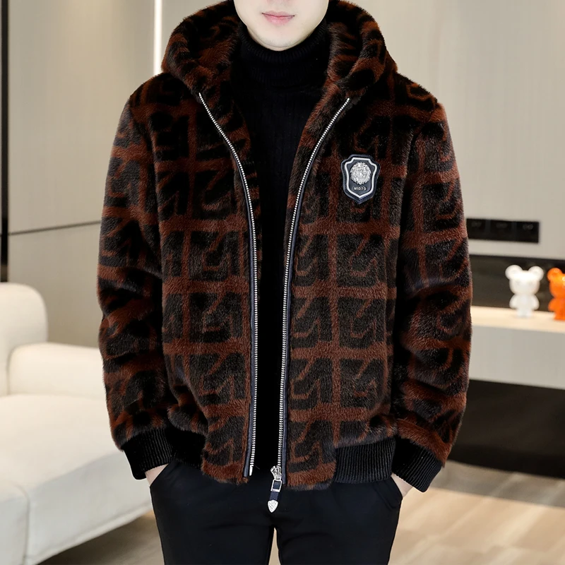 

Autumn Winter Faux Fur Hooded Jacket Men Fashion Social Faux Mink Fur Casual Business Jacket Thick Warm Outdoor Windproof Coat