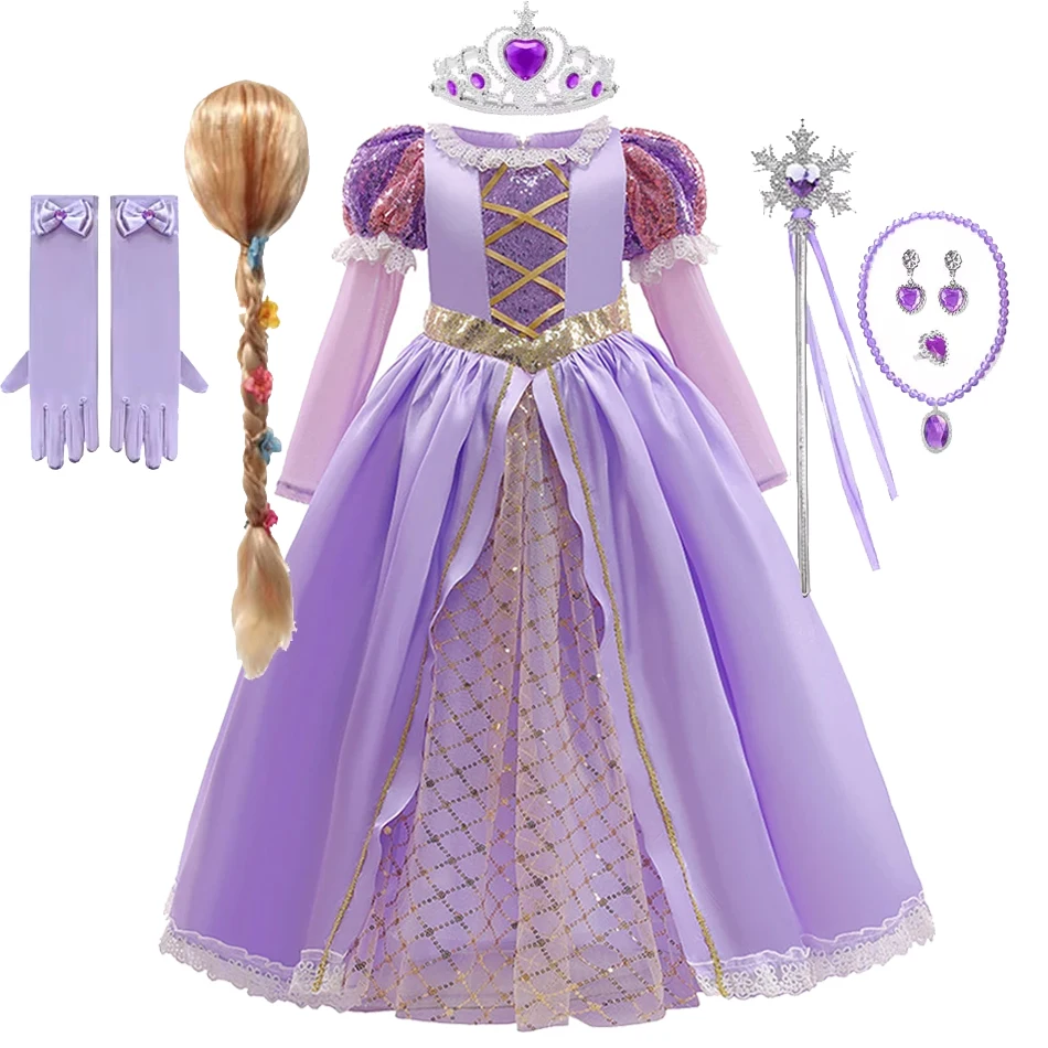 Rapunzal Princess Girl Dress Cosplay Tangled Halloween Party Vestido Kids Birthday Christmas 2-10T