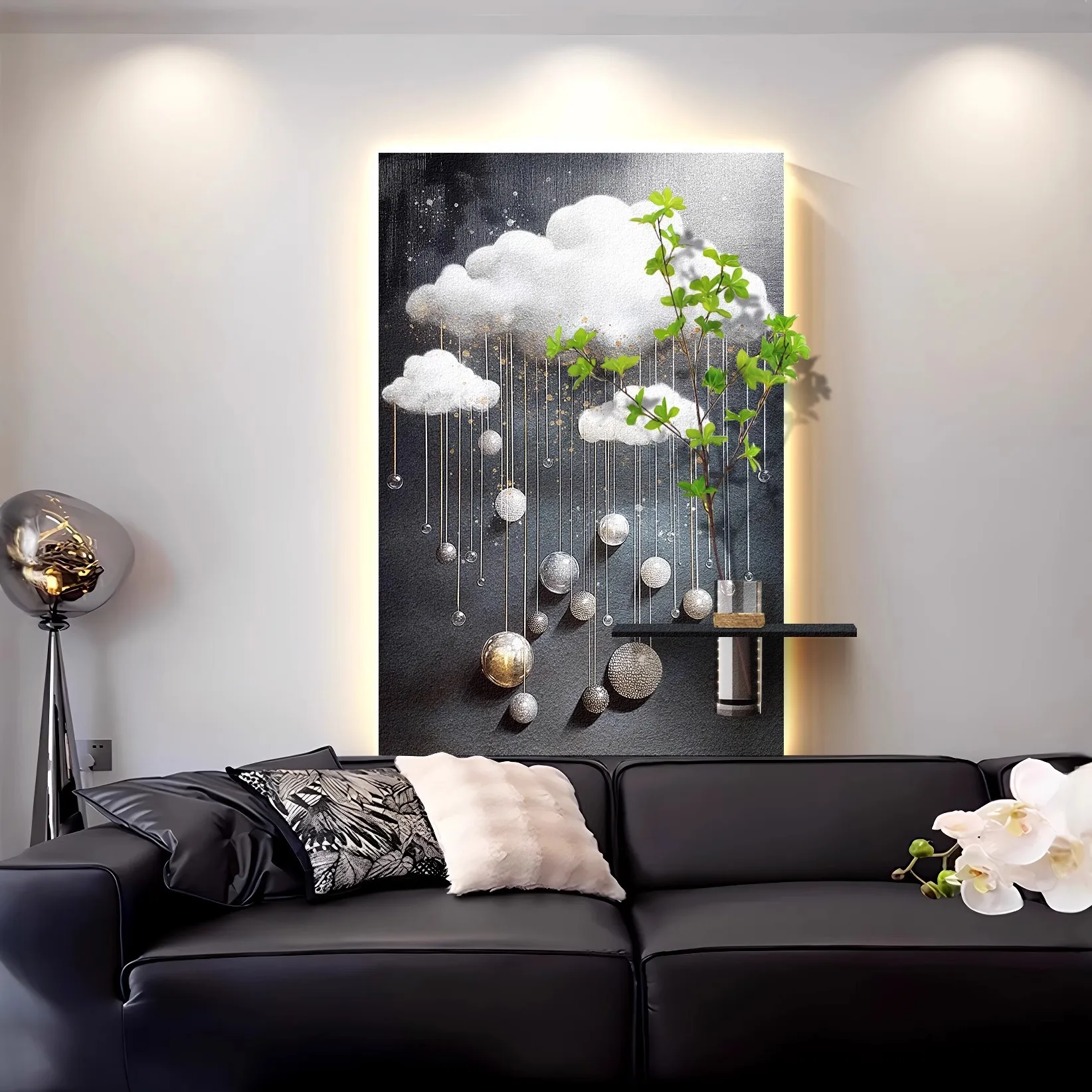 Black And White Minimalist Living Room Decorative Painting Hydroponic Green Plants Entrance Threshold Atmosphere Light Painting