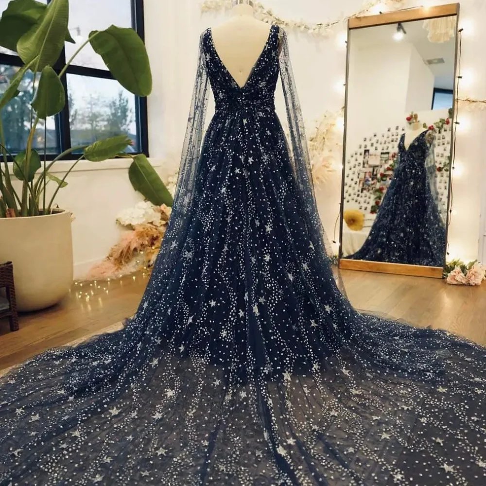 Amanda personalizzato blu navy glitter cinturino per spaghetti abiti da ballo maniche lunghe abiti da noche pavimento-lunghezza da sera formale 2025