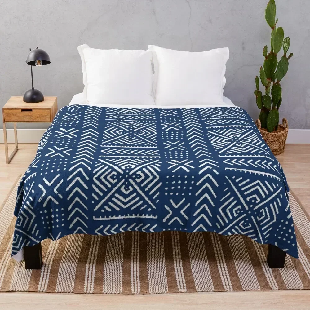 Line Mud Cloth // Dark Blue Throw Blanket Decorative Beds Designers Comforter Furry Blankets