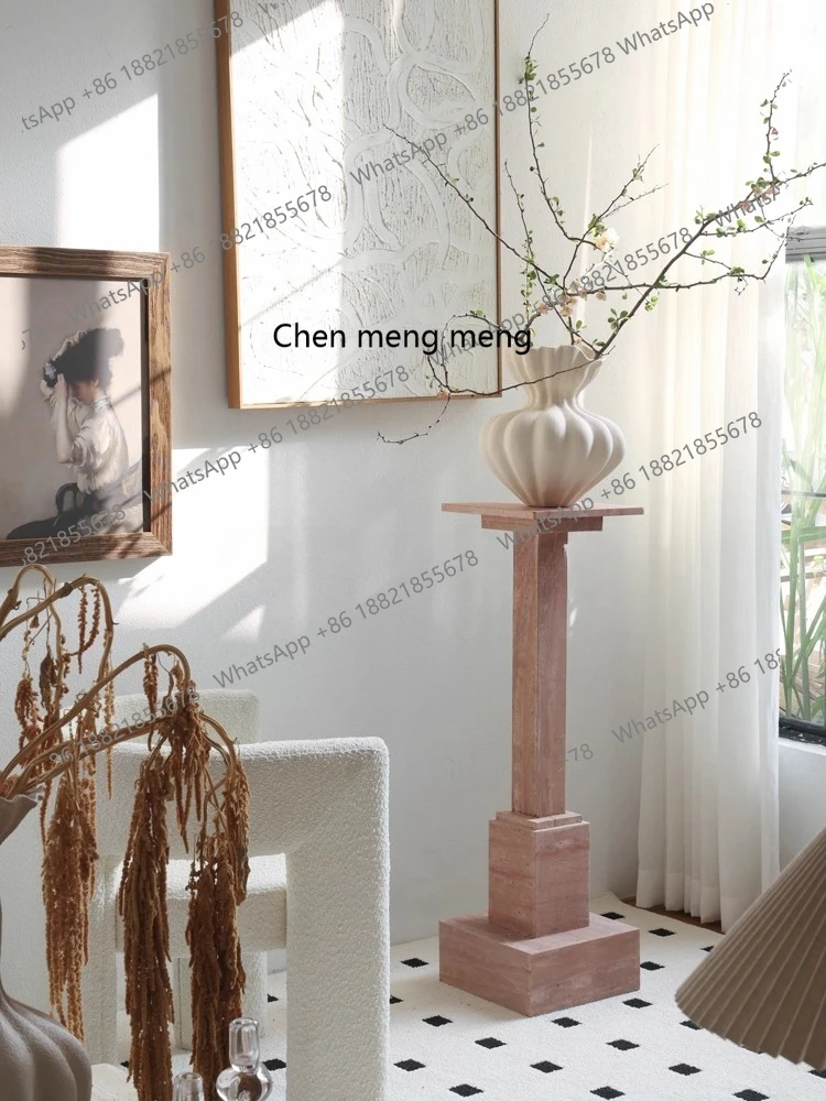 French medieval style red travertine, Roman columns, living room entrance floor decorations, ornaments, flower arrangement bases