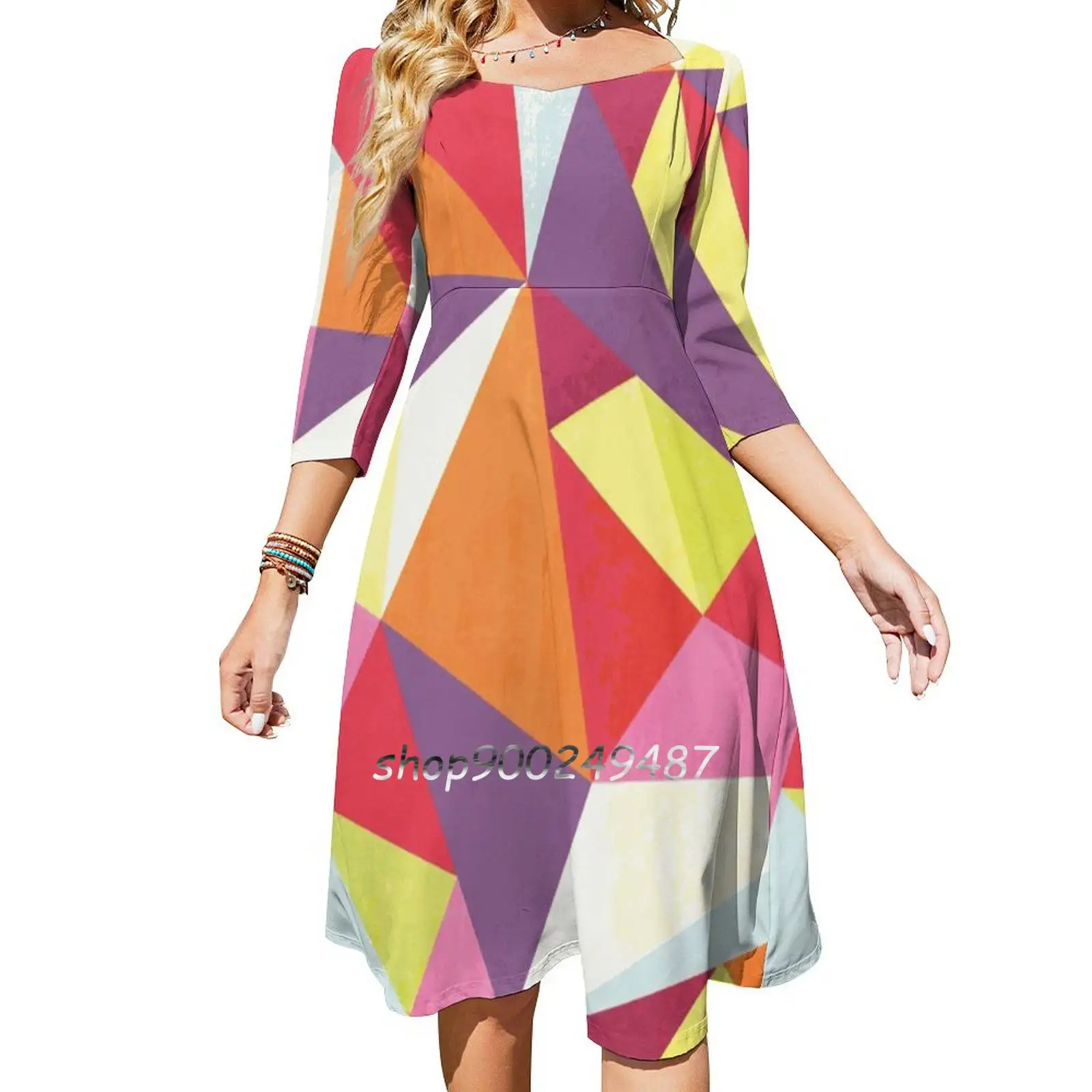 Triangalize Women Spring Autumn Long Sleeve Dress Female Casual Dress Colourful Feminine Graphic Colours Pattern Pink Red Blue