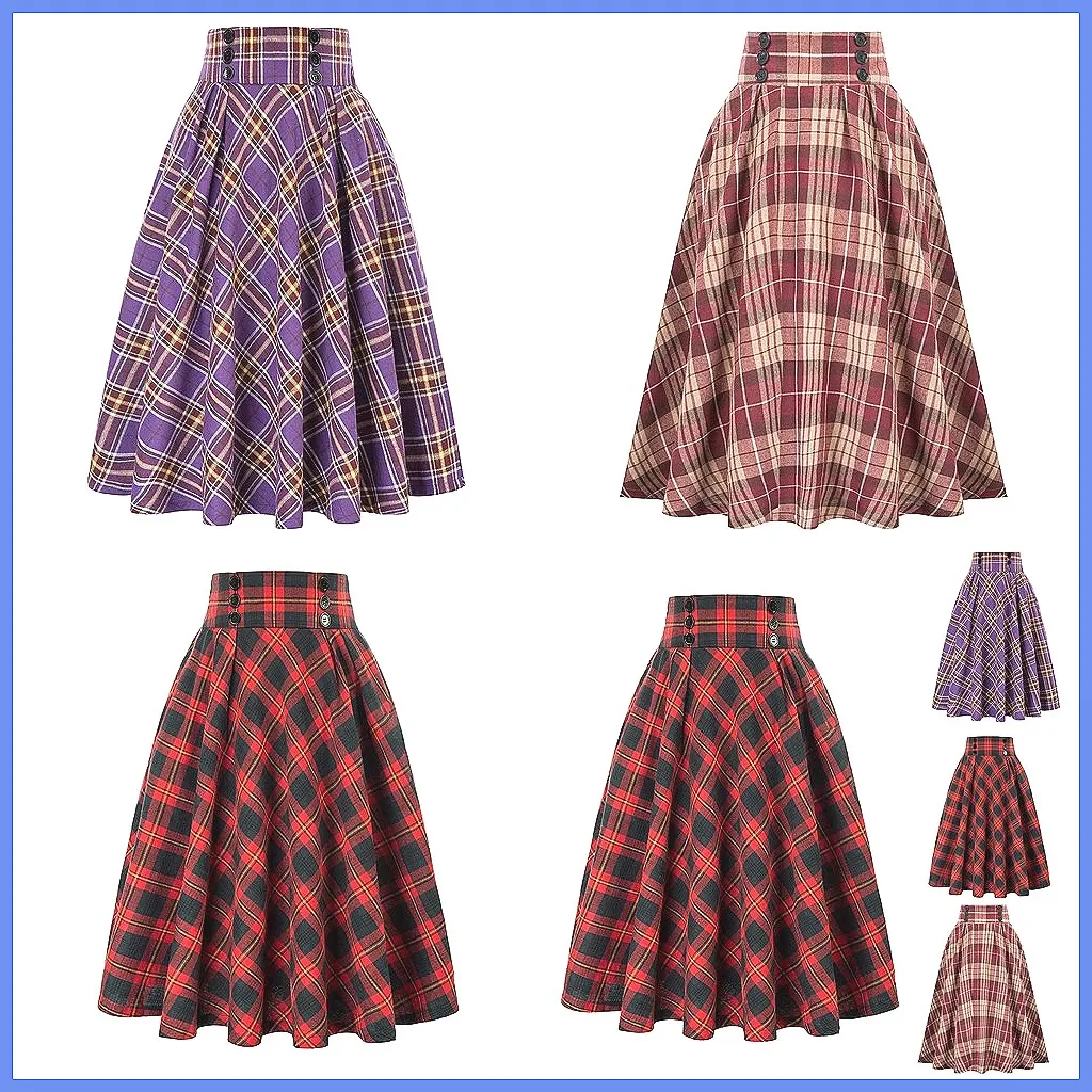 

Women's A-Line Maxi Skirt with Plaid Print, Elastic Waist, Ruffle Hem & Retro Style