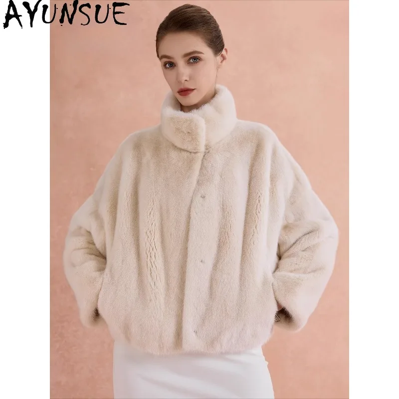 

AYUNSUE Natural Whole Mink Fur Coat Woman Stand Collar Fur Jacket Warm Short Outerwears Stylish Tops for Woman Clothes Куртка