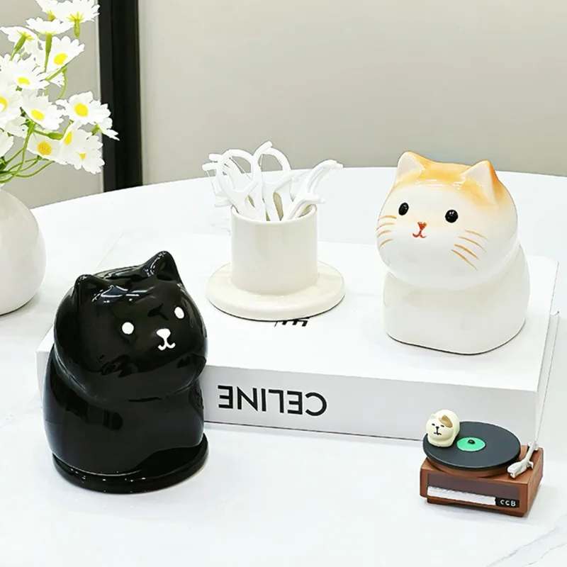 Korean Cartoon Cat Ceramic Toothpick Bucket Lucky Cat Cotton Swab Dental Floss Storage Box Coffee Table Decorative Ornaments