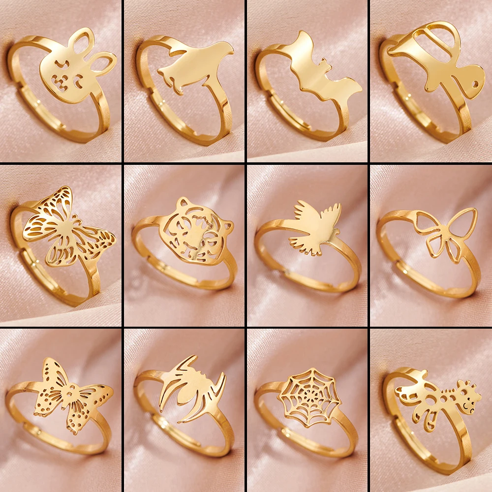 Mini Insect Butterfly Animal Summer Rings For Girls Trendy Stainless Steel Adjustable Open Wedding Ring Woman Jewelry 2024