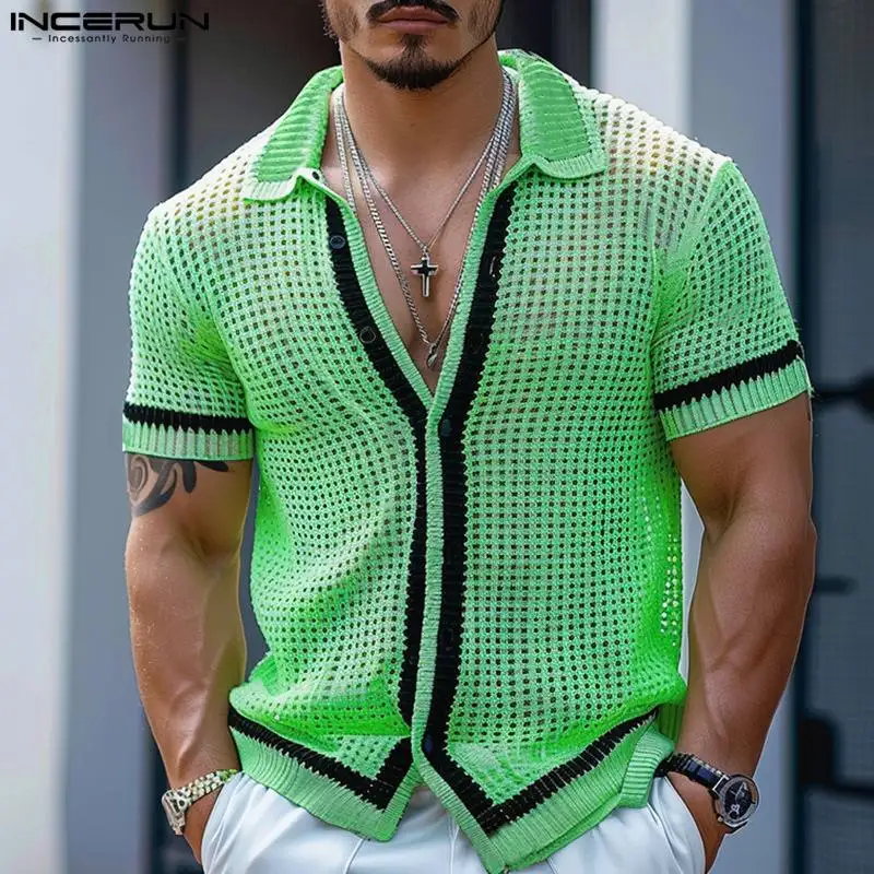 INCERUN-camisa de malla con diseño hueco para hombre, Blusa de manga corta con solapa, estilo americano, con personalidad, S-5XL, 2024