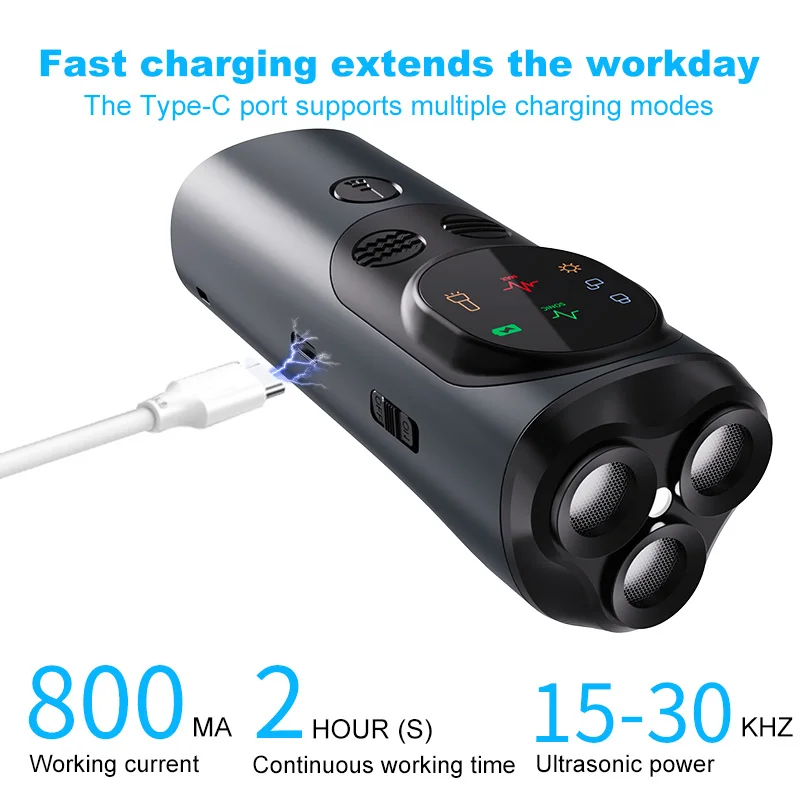 

3-Head Ultrasonic Dog Deterrent, 20-35kHz Sweep/Constant Freq, Strobe & Flashlight, 800mAh Type-C, 2H Work, for Walking/Delivery