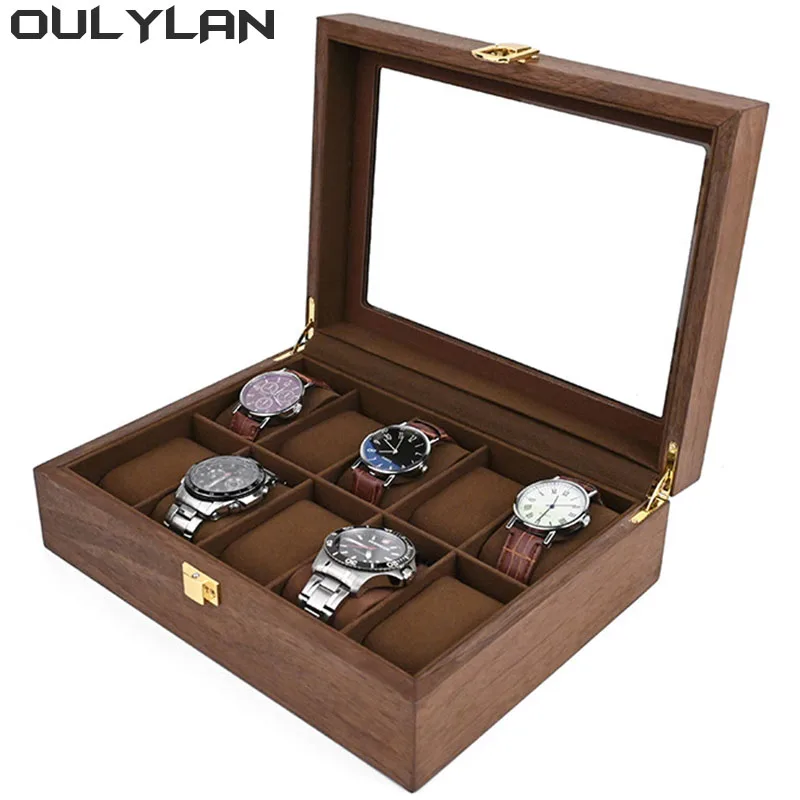 Wood Watch Jewelry Box Wooden Grain Watch Display Case 10 Slot Vintage Wood Watch Storage Box Organizer Walnut